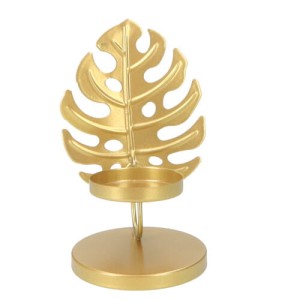 Świecznik metalowy złoty z liściem monstery 13 cm AST22524