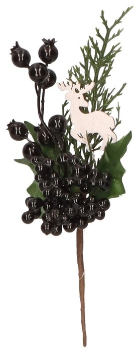 Gałązka świąteczna z czarnymi jagodami i reniferem 22 cm ASC28002