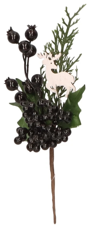 Gałązka świąteczna z czarnymi jagodami i reniferem 22 cm ASC28002