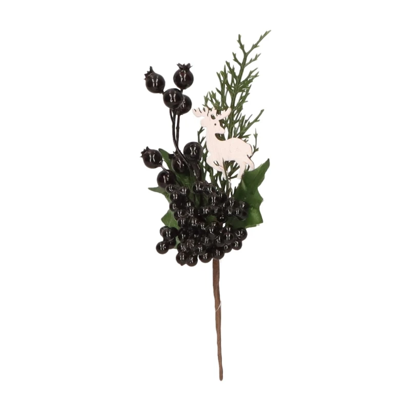 Gałązka świąteczna z czarnymi jagodami i reniferem 22 cm ASC28002
