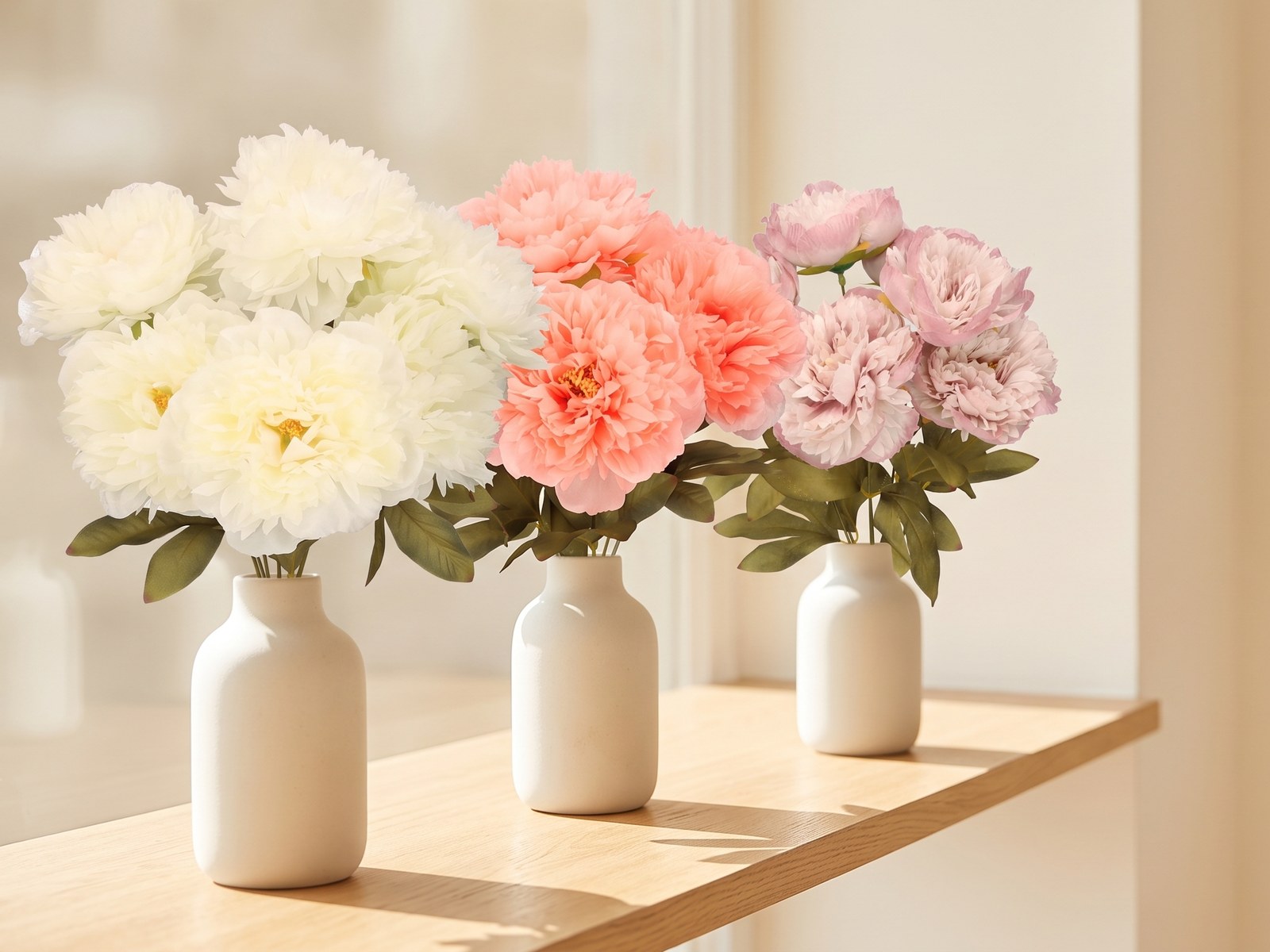 Artificial peony bouquets in cream vases on a light shelf